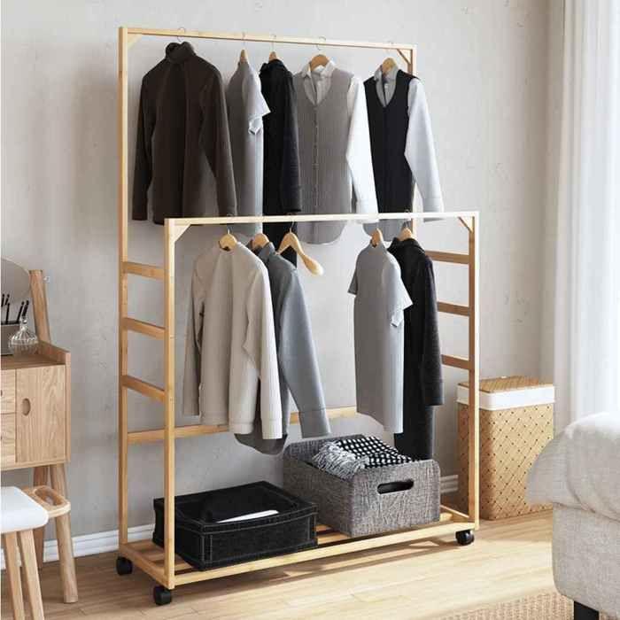 VidaXL Porte-vêtements et étagères et roulettes 90x35x155 cm bambou, porte-manteau, porte-manteau avec étagère, 4008916