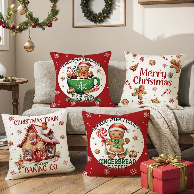 Christmas Pillow Cover Cartoon Gingerbread Doll Printed Polyester Sofa Cushion Cover Living Room Bedroom Pillow Cover