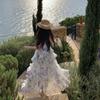 French Vacation Style Iris Mist Blue Neck Chiffon Cake Long Dress Women's V-neck Dress