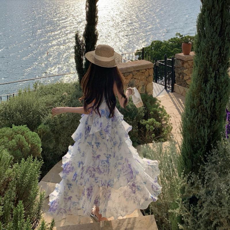 French Vacation Style Iris Mist Blue Neck Chiffon Cake Long Dress Women's V-neck Dress