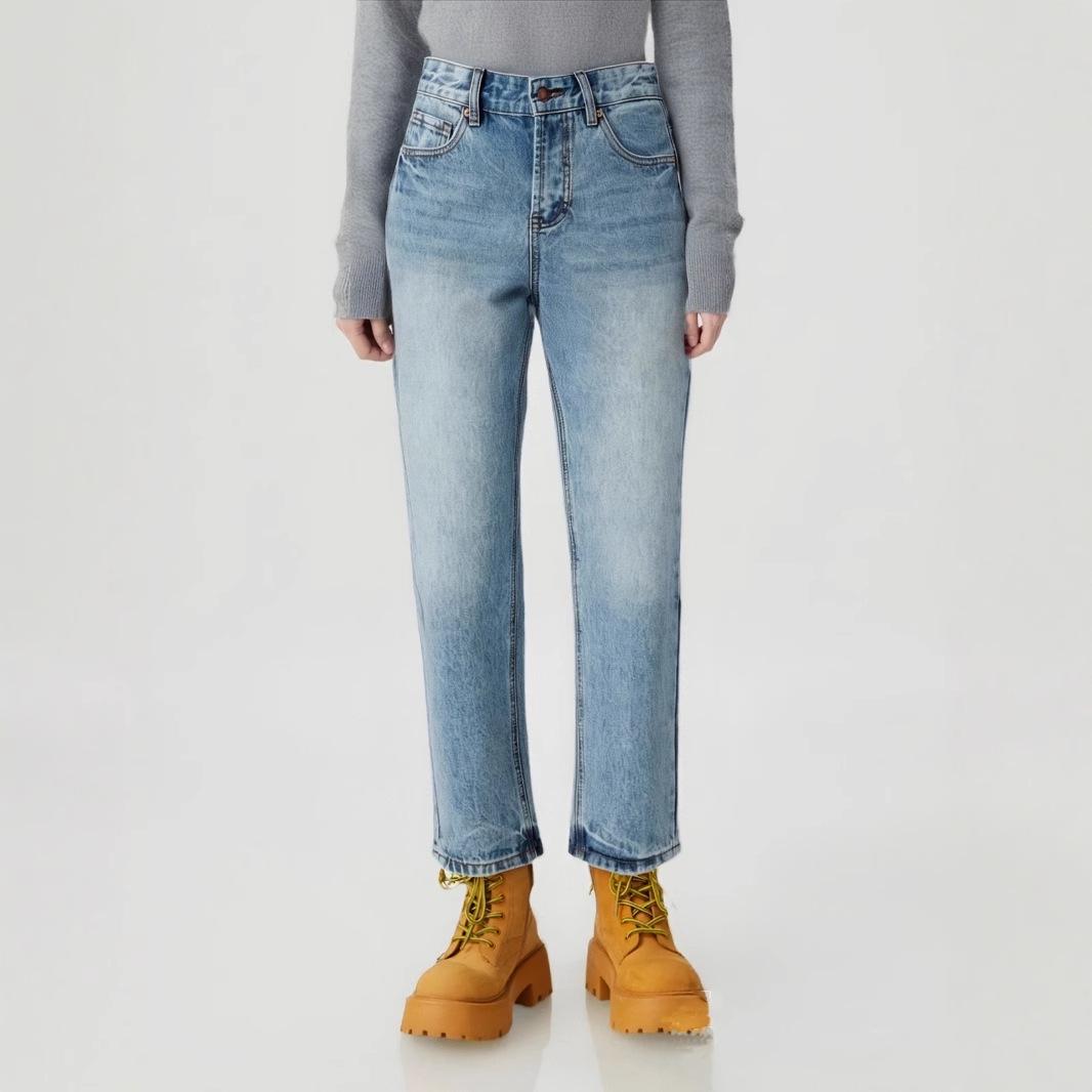 

Ретро Джинсы цвета ледяной голубой с высокой посадкой и широкими штанинами для женщин - Облегающие, Не тянущиеся, Коллекция 2025 29