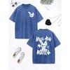 Match Rabbit Graffiti Printing Washed T-Shirt Womens Cotton Oversized Tops Comfortable Distressed O-Neck T Shirt Clothes