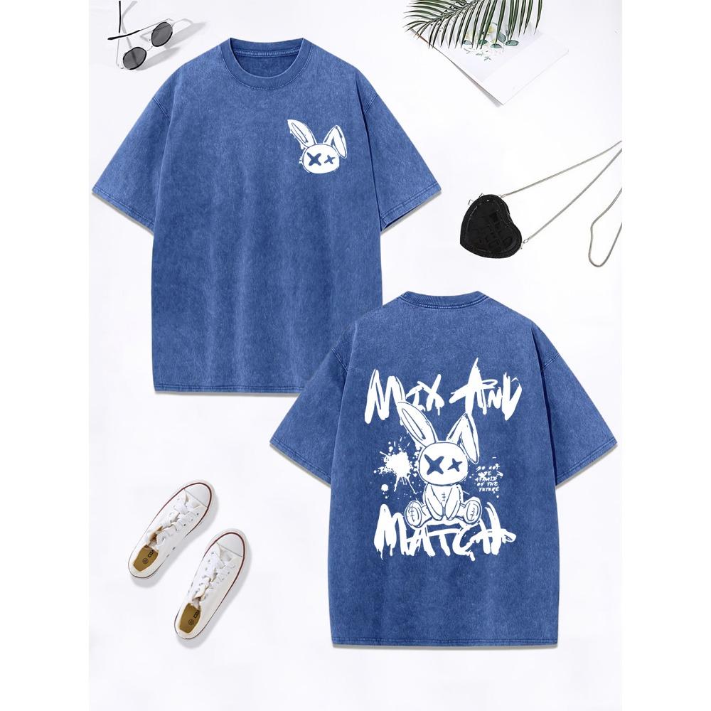 Match Rabbit Graffiti Printing Washed T-Shirt Womens Cotton Oversized Tops Comfortable Distressed O-Neck T Shirt Clothes