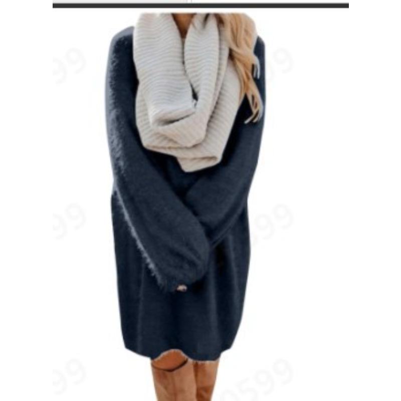 

Fashion round neck loose plush dress women, autumn and winter mid-length women s long-sleeved sweet A-line skirt elegant LQ5239 XXXL темно-синього кольору