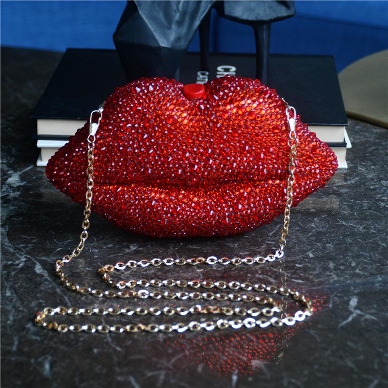 Dinner Bag Women's Lip Chain Bag European and American Style Diamond-set Nightclub Hand-held Party Rhinestone Bag Party Bag