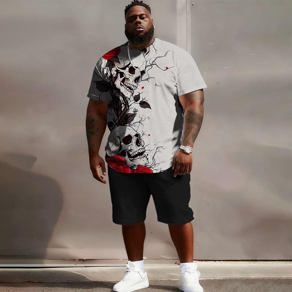 Men's Suit - Skull Colorblock Short-sleeved T-shirt and Shorts Two-piece Set