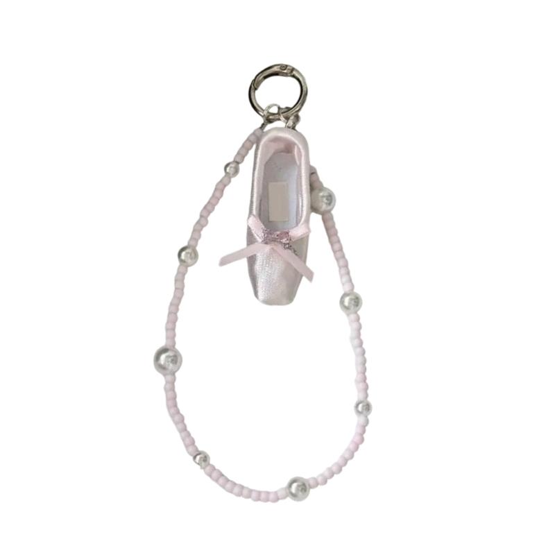 Fashionable Ballet Shoe Keychain Charm with Pearls Ribbon Designs Lovely and Stylish Accessory Portable for Girls