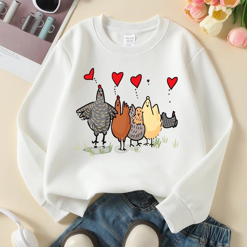 Kids Crew Neck Sweatshirt, Love Birds Chickens Farmyard Fun Print, Soft Cozy Pullover for Autumn & Winter