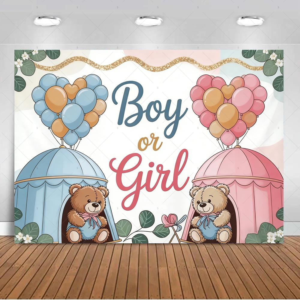 The genre Reveal theme backdrop baby party decorations supplies pink blue bear gift banner newborn shower photography4877