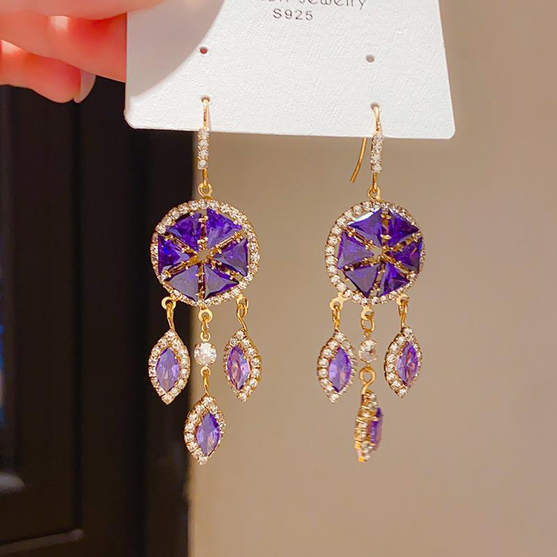 Retro Silver Needle Zircon Glass Water Drop Earrings Court Temperament Stud Earrings Personality Trend Versatile Earrings Women