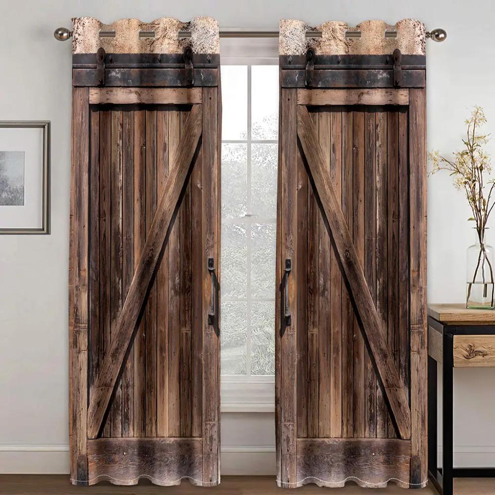 Two Piece Set of Curtains, Metal Grommets. Dark Brown, Barn Wooden Door. Polyester, with Dustproof and Waterproof Properties