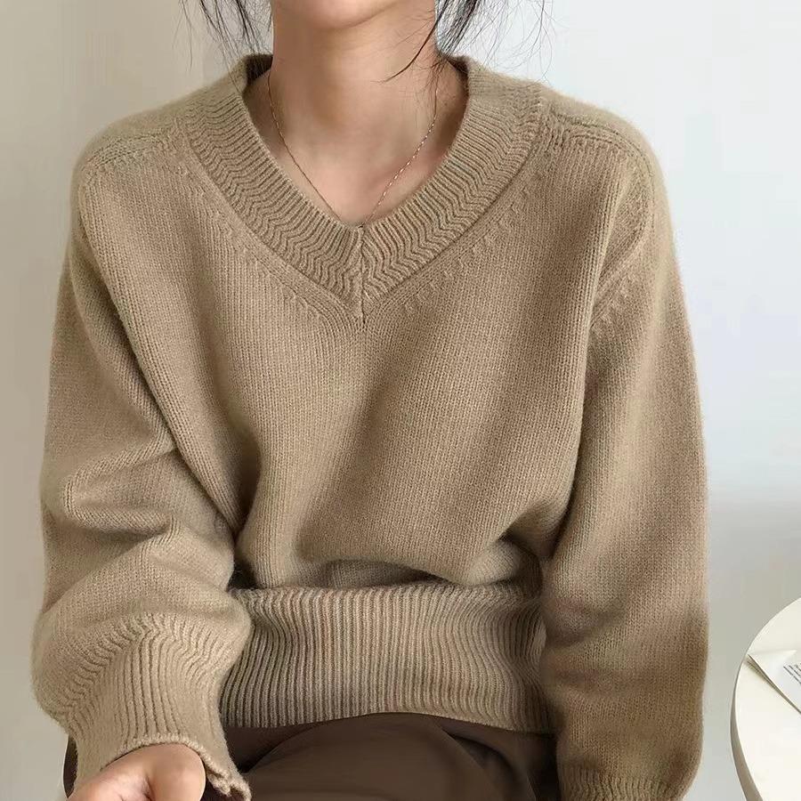 V-Ausschnitt Einfarbiger Pullover für Damen Im Herbst und Winter Koreanischer Vintage Strickpullover Lockerer und lässiger Pullover