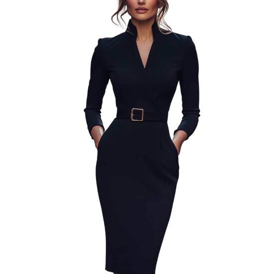 

Женское профессиональное рабочее деловое платье с длинным рукавом, церковное платье учителя, платье-футляр карандаш, миди с V-образным вырезом, облегающее, костюмное платье с поясом M чёрный