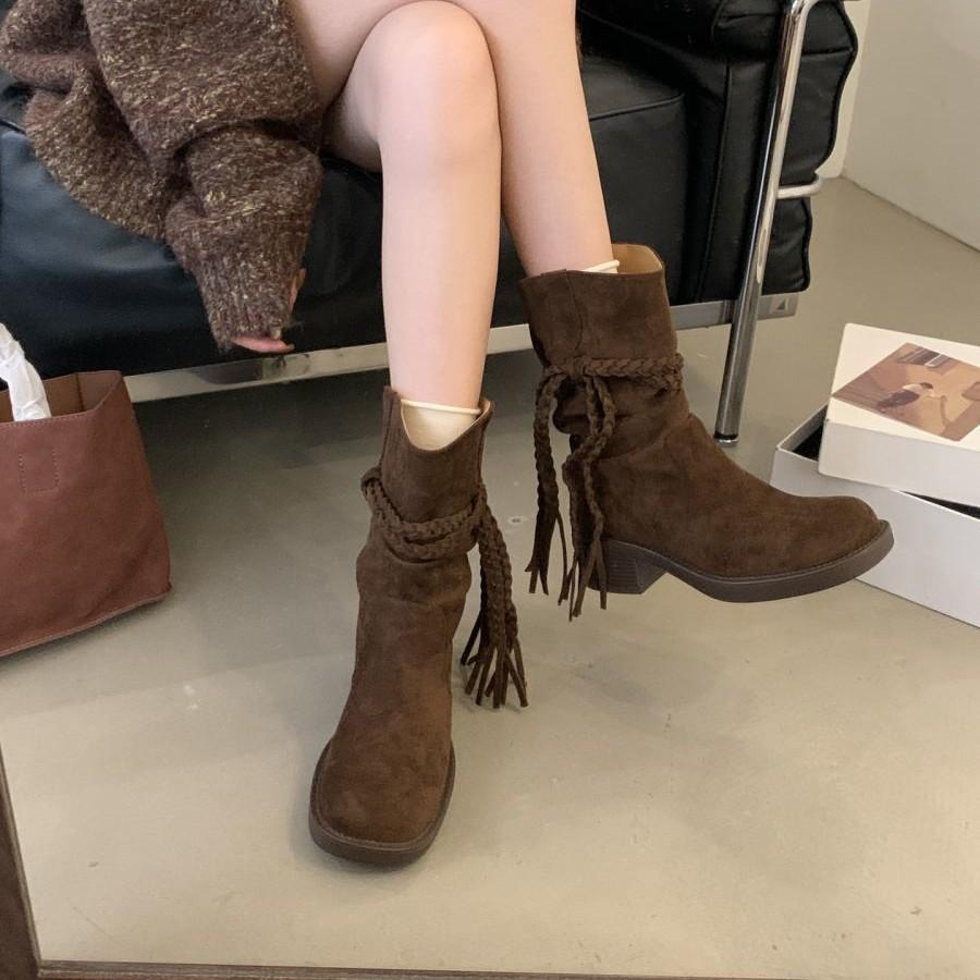 2025 New Retro Wasteland Wind Fringed Knight Boots Women's Autumn Thick Heel Woven Strap Versatile Fashion Mid Boots