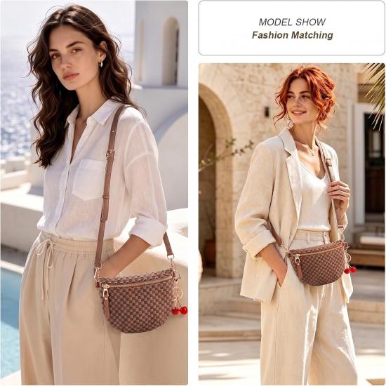 Small Woven Crossbody Bag for Women Checkered Vegan Leather Bum Purse