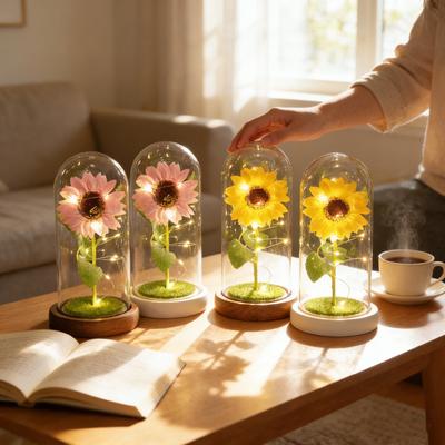 Sunflowers Artificial Flowers In Plastic Dome with LED Strip, Birthday Gifts for Mom & Grandma, Sunflower Decor On Mother's Day