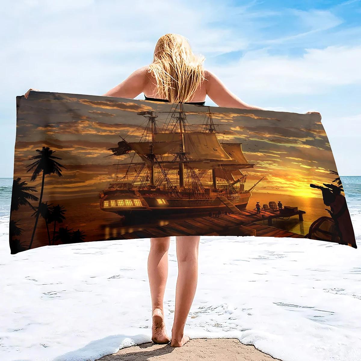 

Microfiber Nautical Vintage Sailing Pirate Ship Beach Towel Blanket,Sand Proof Swimming Bath Pool Towel for Travel Yoga Sport W30*H60(CM)