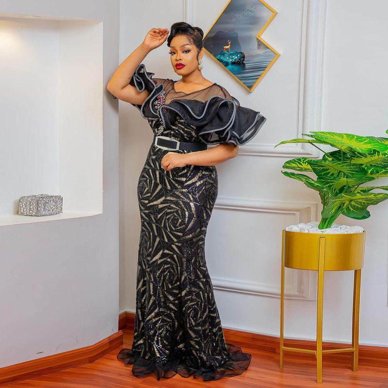 Rose-Shaped Sequin Slim-Fit Fishtail Evening Gown, Long Dress with Off-Shoulder Ruffles, Luxurious African and European Women's Long Dress
