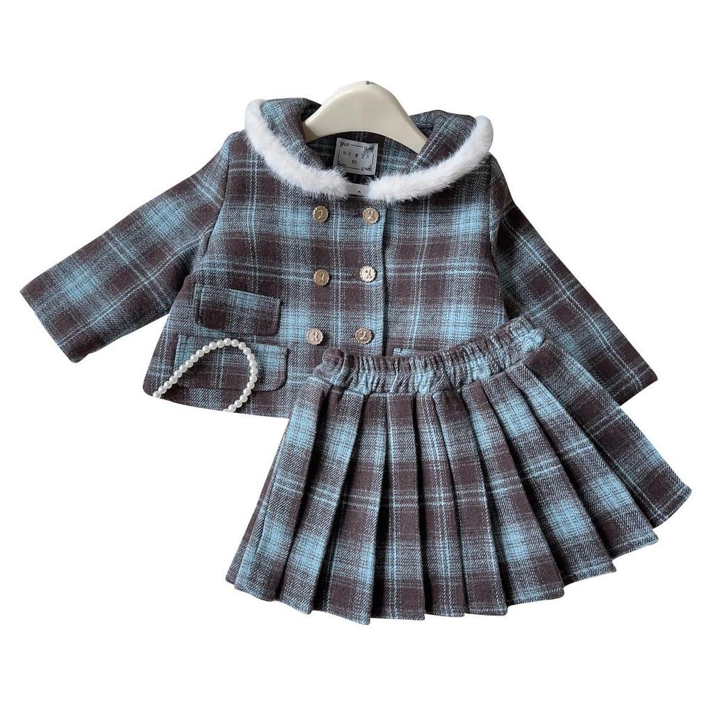 Girls' Preppy Winter Coat & Pleated Skirt Set - AWB003