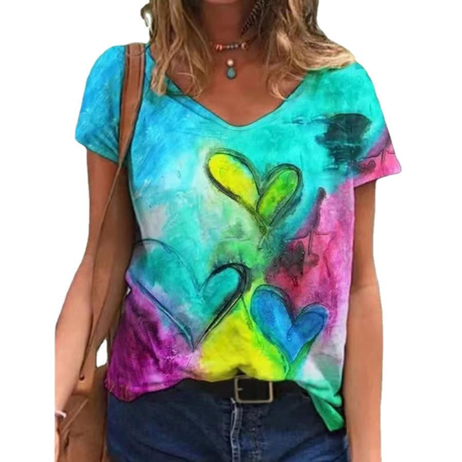 3d Floral Print T Shirts Abstract Character V-neck Pullover Short Sleeve T-shirt for Women's Top