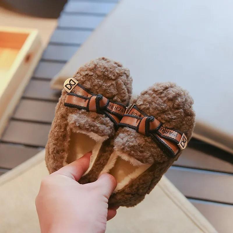 Girls' Princess Shoes Chic Warm Children's Plush Shoes with Simple Bow 2024 Autumn Winter New Girls' Moccasin Casual Soft Sole