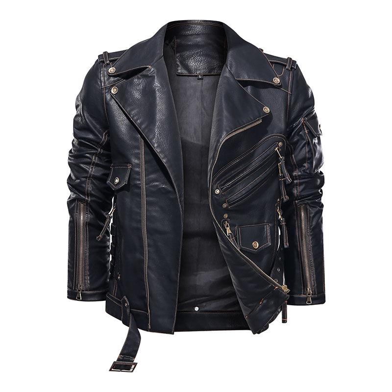 Men's Windproof PU Leather Jacket with Multiple Zippers - European & American Style Outerwear