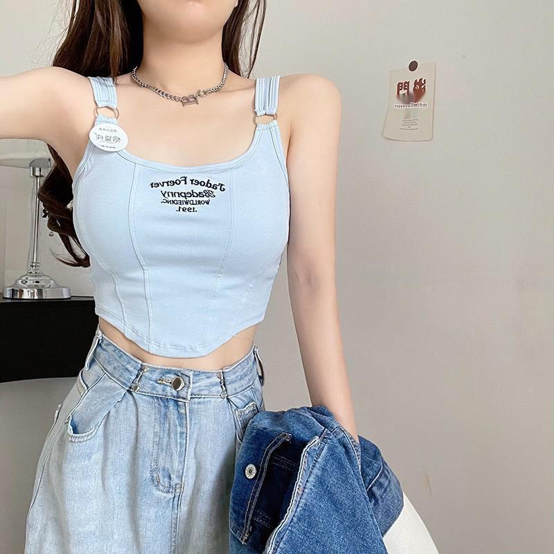 Spicy Girl American Letter Print Spaghetti Strap Racerback Tank Top with Chest Pads for Women