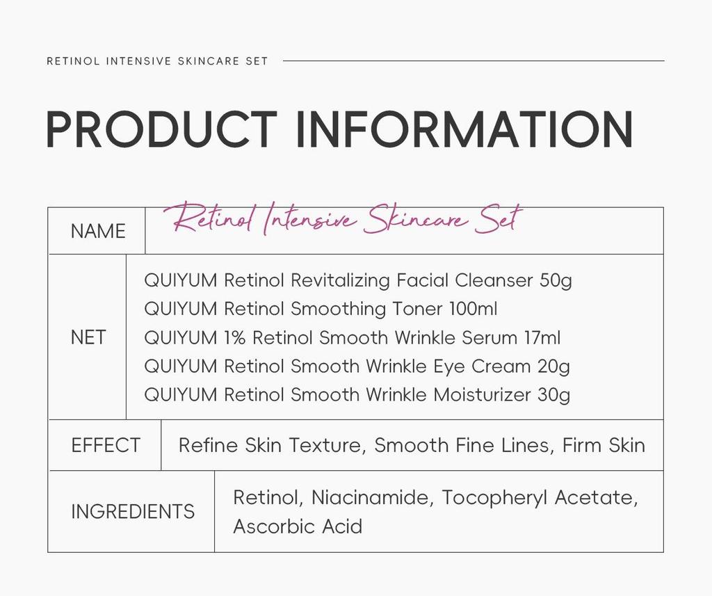 QUIYUM Retinol Hydrerende og Fuktighetsgivende Hudpleiesett – 5 Deler, FDA Godkjent
