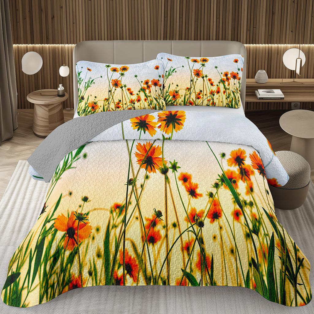 Spring Garden Flower Bedspread for Girls Teen Botanical Floral Coverlet Twin Queen Quilt Set Reversible Grey Quilted Bedding Set