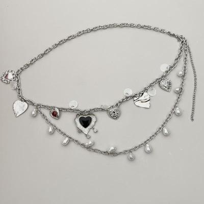 Doppellagige Herz Perlen Taillenkette Vintage Silber Metall Bauchkette Für Frauen Y2K Rock Hosen Accessoire