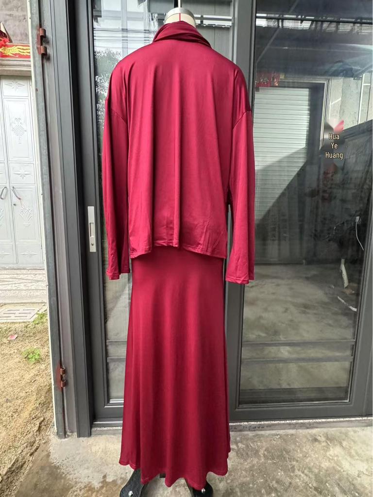 Conjunto de Moda Primavera 2025 para Mujer: Pañuelo de Cabeza de Oriente Medio y Falda Midi de Manga Larga
