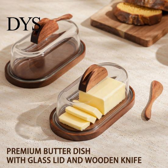 Glass Butter Keeper with Wood Base Wooden Dish Lid And Knife, Holder for Kitchen Modern Case Breakfast Countertop & Refrigerator, Tray, Container,