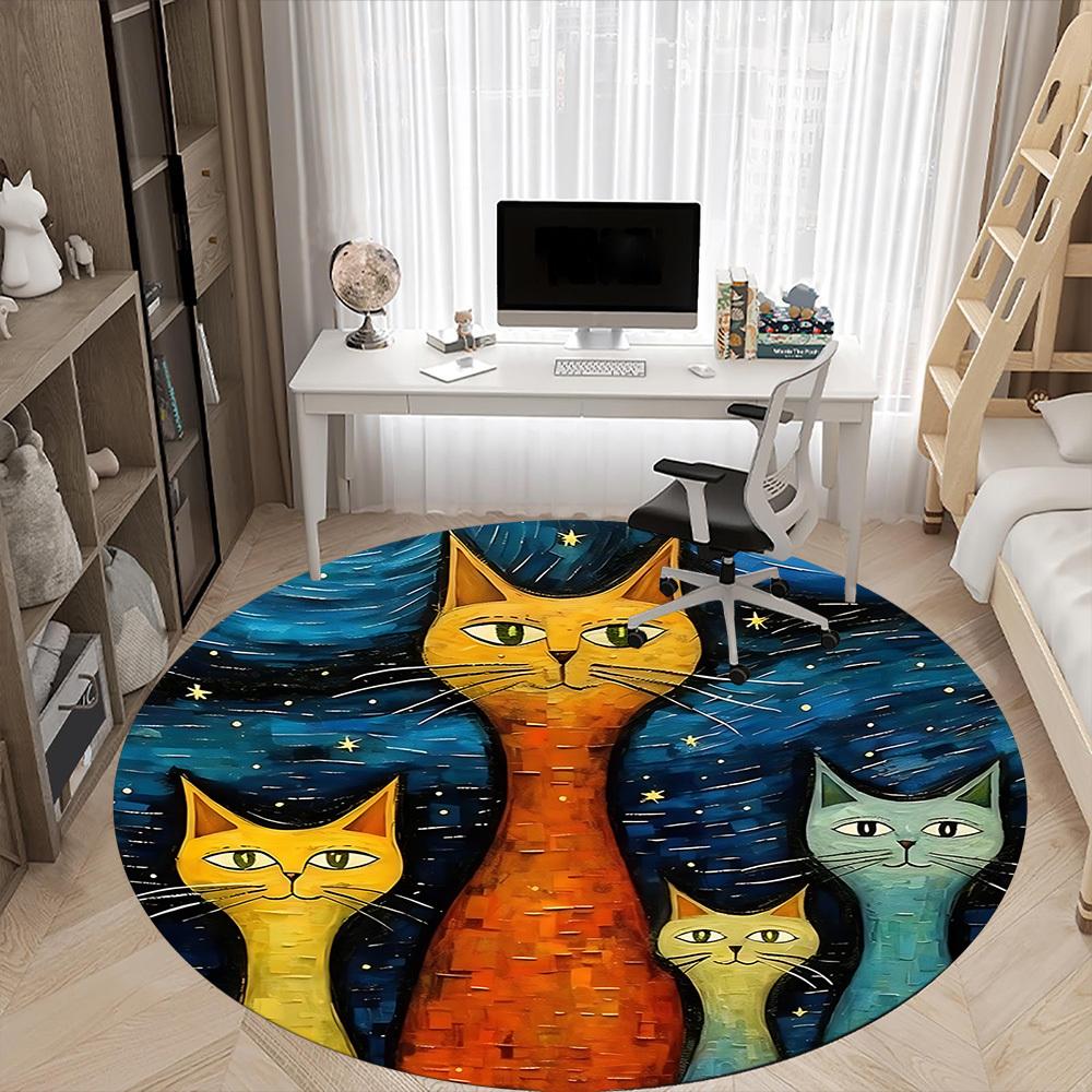 1pc Cat Family Office Round Area Rug, Indoor Mat Suitable ForOffice, Under Office Chairs Bedroom Living Room Home Decor, Room Deco D022