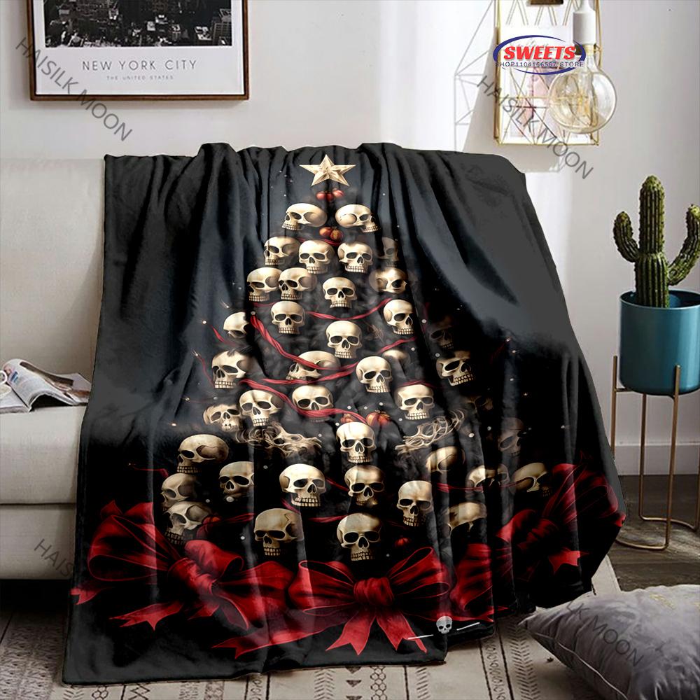 Spooky Skull Christmas Print Blanket Warm Soft and Comfortable Home Travel Blanket Sofa Bedding Cover Blankets Gift for Friends