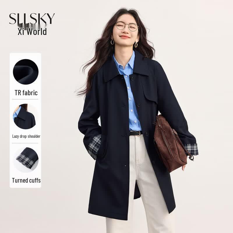 SLLSKY Women s Elegant Plaid Mid-Length Trench Coat XL