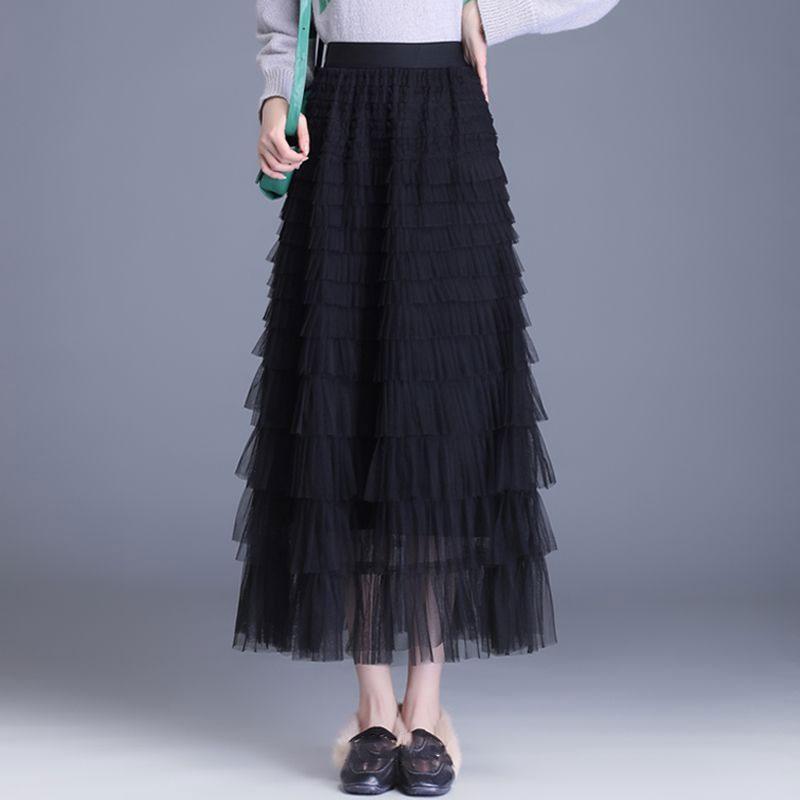 Elastic Waist Mesh Long Skirts for Women Elegant Vintage High Waist Ball Gown Gauze Cake Skirt Female Clothes