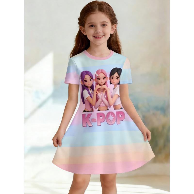 Girls 3D Crew Neck A-line Dress, Pink Castle Princess and Elf Print, Perfect for Parties and Birthday Gifts.