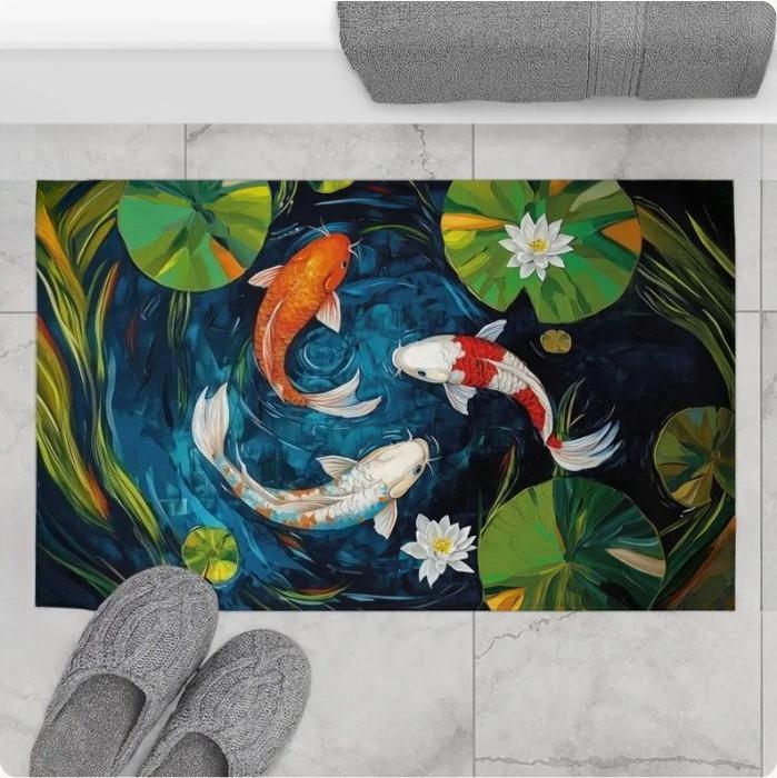 Bathroom Doormat 2D Washable Non-Slip Area Rug Mosaic Koi Fish Lotus Carpet Dark Living Room Floor Mat for Entryway Boho Retro