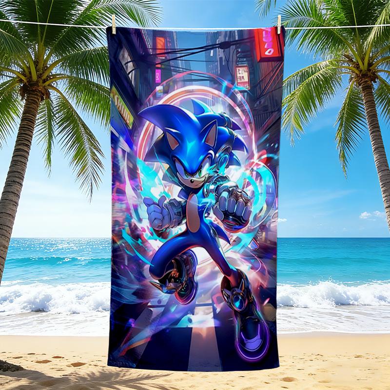 1Pc Sonic Through Neon City Beach Towel, Quick Dry, Multi-Use for Beach Pool Gym Yoga Home Travel, Christmas, Halloween, Xmas Gift Em9291