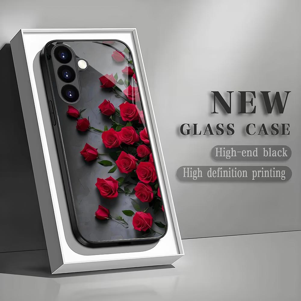 Red Rose Tempered Glass Phone Case Suitable for Samsung Galaxy S26 S25 S24 S23 S22 S20 FE/Ultra/Plus Anti Drop Back Cover