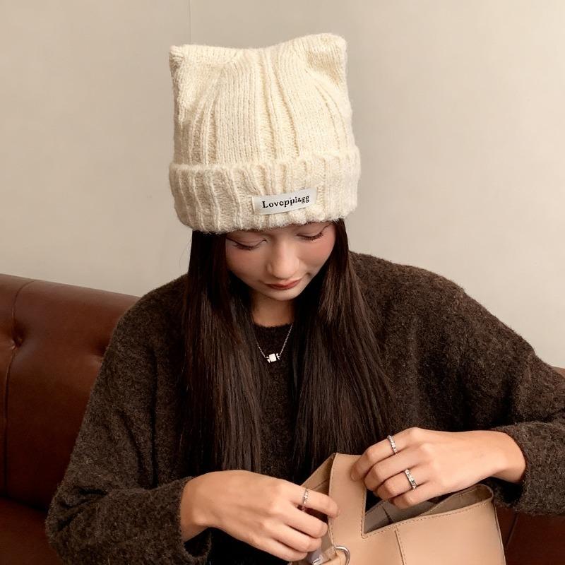 Cat Ear Beanie for Women Winter Warm Ear Protection Hat Solid Color Crochet Bonnet Sweet Girl Knit Pullover Cap Skullcaps
