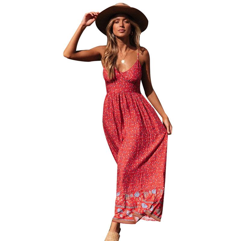 Womens Summer Floral Long Dress Ladies Bohemian V-neck Suspender Floral Holiday Dress