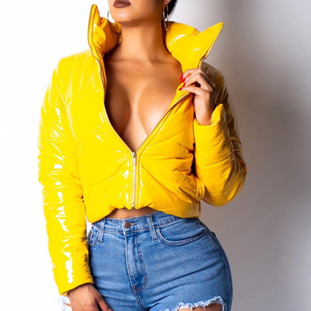Women Fashion  Long Sleeve Glossy Leather Bread Down Jacket Zipper Pockets Coat