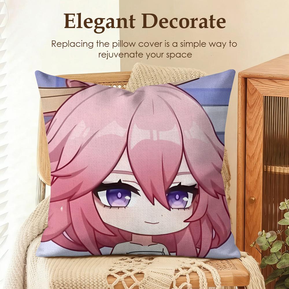 Yae Miko Cute Genshin Impact Cushion Cover Natural Linen Organic Fabric DoubleSided Printing Sofa Home Decor Gift Pillow Case