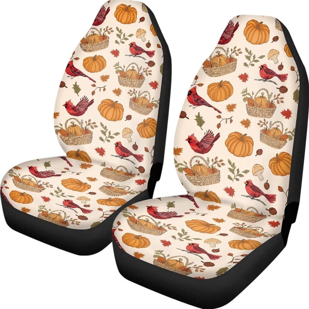 Pumpkin Mushroom Maple Leaf Front Car Seat Covers Protectors 2-Pc Set Graphic Print Auto Seat Covers For Holiday Car Decor