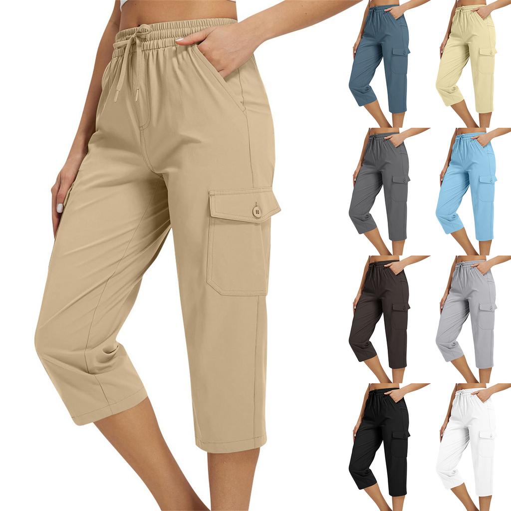 Damen locker sitzende High-Waist Wanderhose mit elastischem Bund, leicht, mit zwei Taschen, lässige Capri-Hose für Outdoor-Aktivitäten