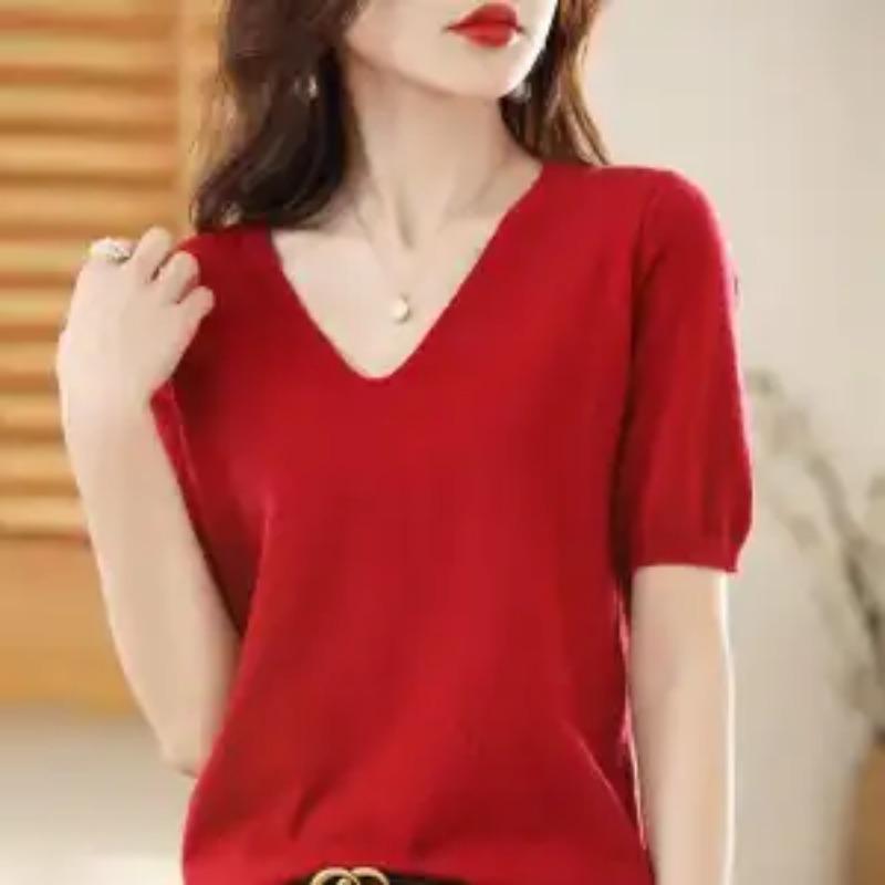 Mode Einfach Sommer Neu V-Ausschnitt T-Shirt Damen Einfarbig Schraubgewinde Temperament Locker Vielseitig Stricktop