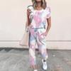 Women Round Neck Lip Print Tie-Dye Casual Short Sleeve Sports Suit
