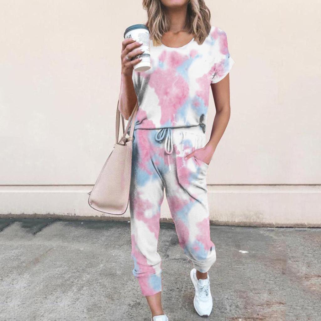 Women Round Neck Lip Print Tie-Dye Casual Short Sleeve Sports Suit