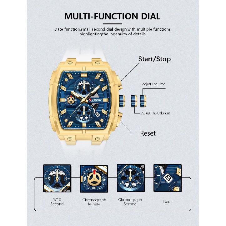 CURREN Luxury Vintage Watch for Men Sports Chronograph Quartz Wristwatches with Silicone Strap,Date,Luminous
